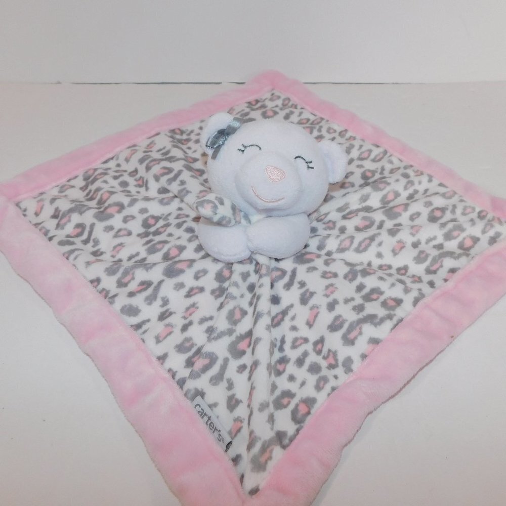 Carters White Bear Cheetah leopard Print Pink Gray Plush Security Blanket Baby